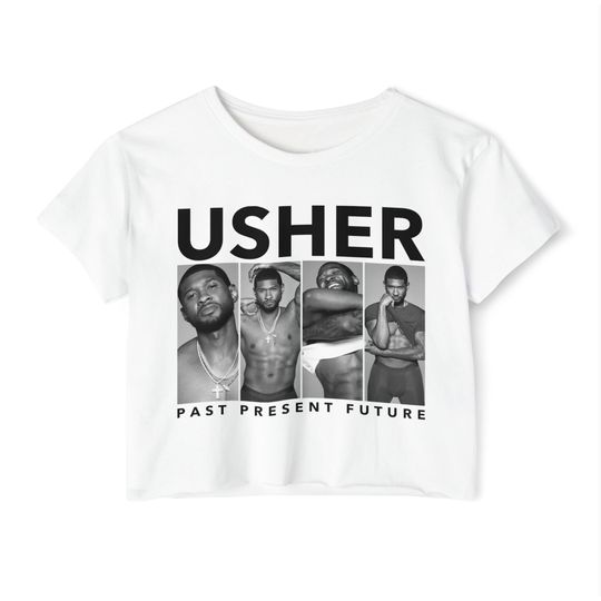 Discover Usher World Tour Printed Crop Shirt Featuring Past, Present, Future Theme