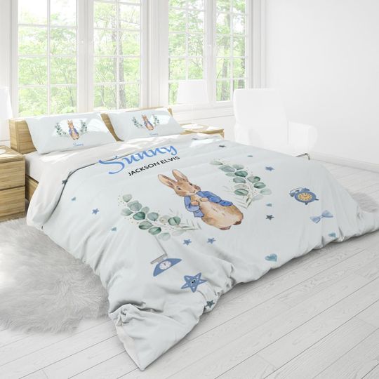 Discover Peter rabbit Personalized Duvet Cover Set - Blue Custom Bedding, Housewarming Gift