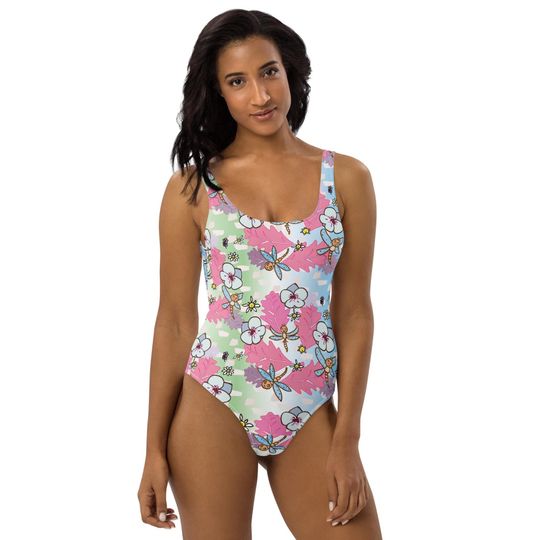 Discover Kawaii Pastel Robin Bird One-Piece Swimsuit with Flowers