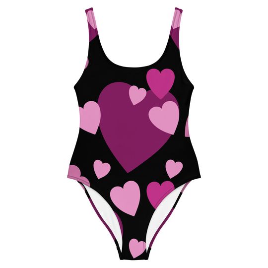 Discover One-Piece Swimsuit Black With Pink and Purple Hearts'