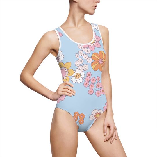 Discover Blue with Orange and Pink Flowers Women's Classic One-Piece Swimsuit