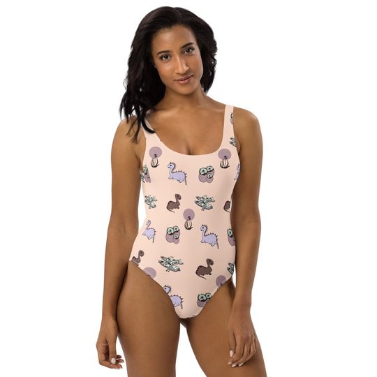 Discover Kawaii One-Piece Pink Dinosaurs Swimsuit |Pastel Decora Kei Swimsuit