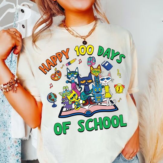 Discover Pet.e The Cat Happy 100 Days Of School Shirt, Pete The Cat Shirt