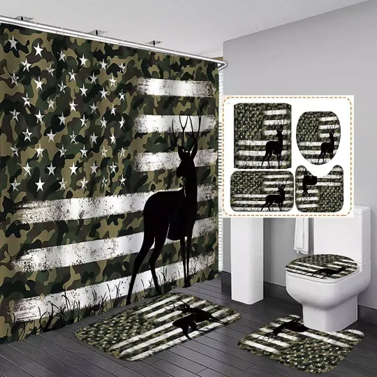 Discover Camo Deer Shower Curtain Set, Camouflage American Flag Bathroom Sets