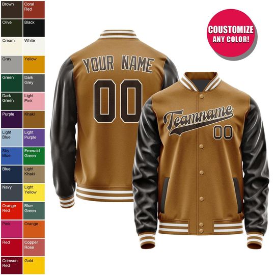 Discover Personalized Khaki Men's Varsity Jacket Color Block Long Sleeve Baseball Jacket Coat