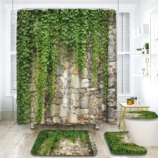 Discover 4pcs pattern printed minimalist style shower curt4pcs green ivy stone wall