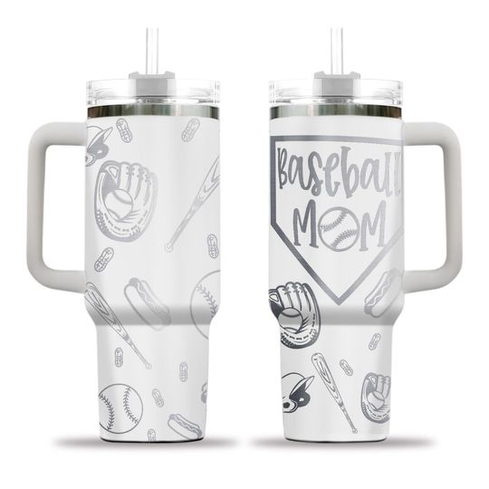 Discover 40 oz Baseball Mom Tumbler with Handle - Laser engraved tumbler with lid and straw