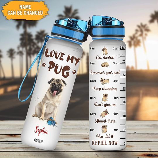 Discover Personalized Love My Pug Water Tracker Bottle
