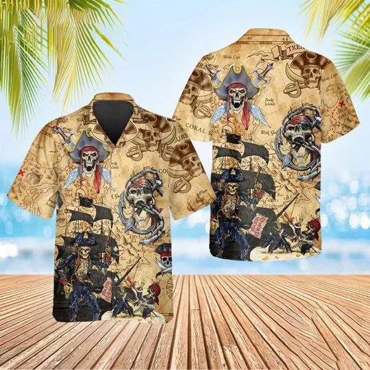 Discover Vintage Pirate Skull Aloha Beach Skulls Summer Hawaiian Shirt