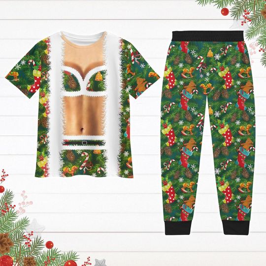 Discover Christmas Funny Faux Bra Suit Pajamas Set, Xmas Pj Set Pants, Green Tree Holiday Pajamas, Meme Xmas Pajamas