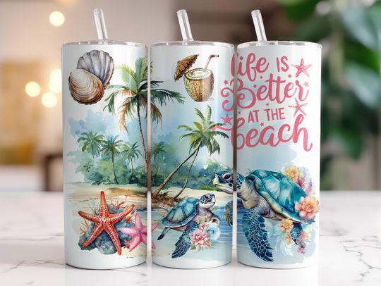 Discover Beach Summer Sea Turtle Starfish Tumbler with Lid and Straw