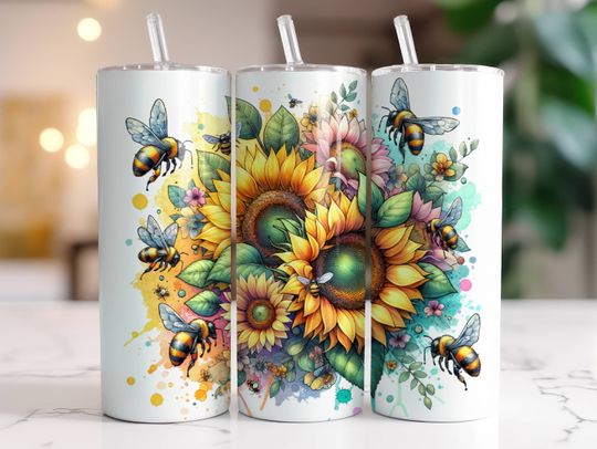 Discover Sunflower and Bee Tumbler with Lid and Straw