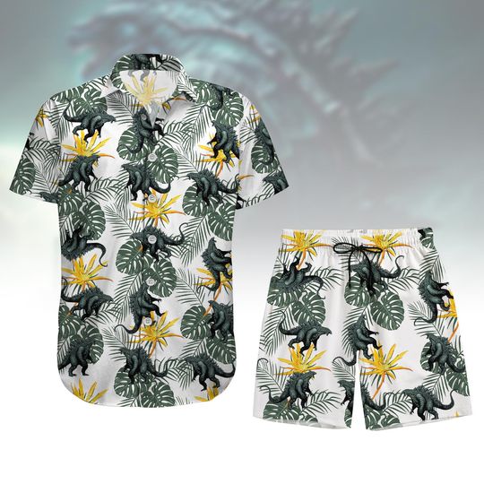 Discover god zilla Tropical Button Shirt, Dinosaur Summer Short For Men, Monster Movie Hawaiian T-Shirt