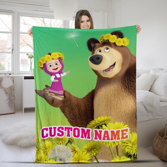 Discover Custom Name Marsha And Bear Blanket, Marsha Bear Cartoon Velvet Blanket, Sofa Blanket