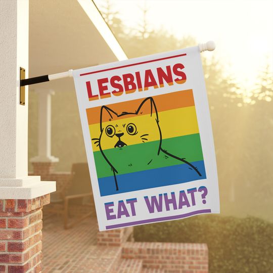 Discover 'Lesbians Eat What?' Cat Pride House Flag, Home Decor Gifts
