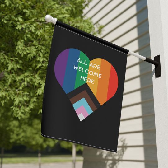 Discover All Are Welcome Here Rainbow Heart Diversity House Flag, Home Decor Gift