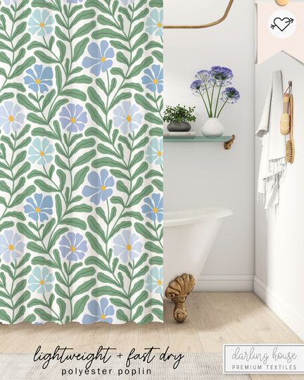 Discover Funky Blue Daisy Shower Curtain Botanical Bath Set | Vintage Floral Bathroom Accessories