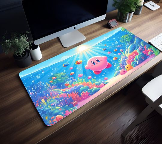 Discover Kirby's Underwater Adventure Mouse Pad, Cute Mouse Pad, Cute Desk Mat, Cute Kirby, Kawaii Desk Mat