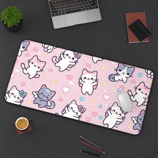 Discover Desk Mat, Cute Kitty Office Decor, Cat Lover Mouse Pad, Kawaii Workspace