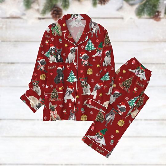 Discover Boston Terrier Dog Christmas Pajamas Set, Boston Santa Hat Xmas