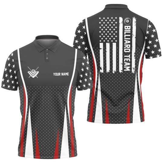 Discover Custom Name, Team US Flag Pattern Billiard Polo Shirt