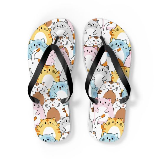 Discover Kawaii Cats Flip Flops, Cute Animal Sandals, Kitty Design Slippers, Fun Summer Footwear