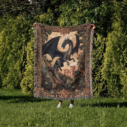 Discover Medieval Dragon Woven Blanket, Fantasy Dragon Lover Gift