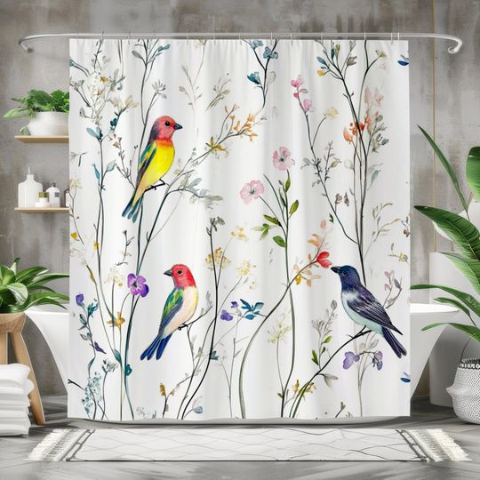 Discover Watercolor Birds and Wildflowers Shower Curtain, Bathroom Decor