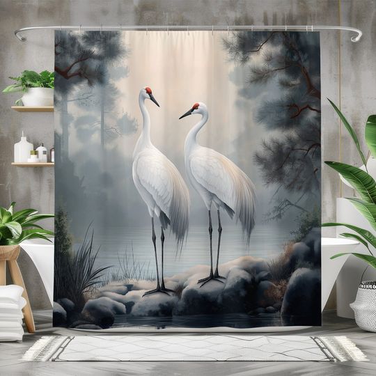 Discover Elegant Crane and Pine Shower Curtain, Bathroom Decor
