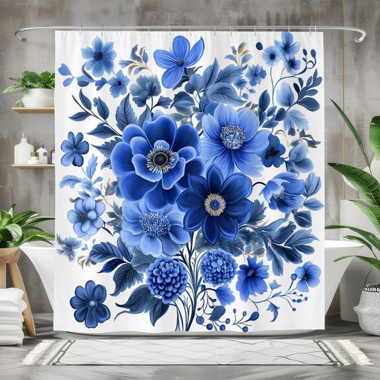 Discover Blue Flower Shower Curtain, Bathroom Decor
