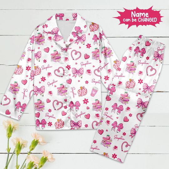 Discover Personalized Pink Pencil Heart Pajamas, Customized School Theme Pajamas Set