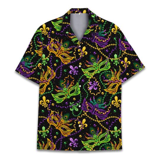 Discover Mardi Gras Mask Hawaiian Shirt, Bold Festival Costume with Beads & Fleur-de-Lis Festival
