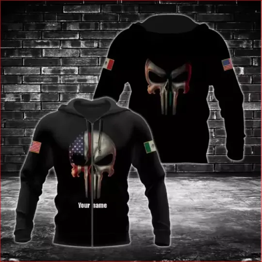 Discover Custom Name Mexico Camouflage Skull 3D Pullover Zip Hoodie v15
