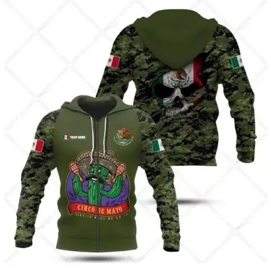 Discover Custom Name Mexico Camouflage Skull 3D Pullover Zip Hoodie v2