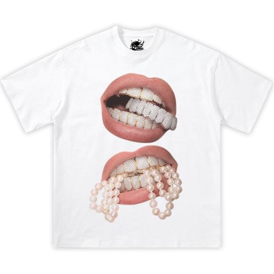 Discover Double Pearls Grillz Lips Shirt, y2k Fashion
