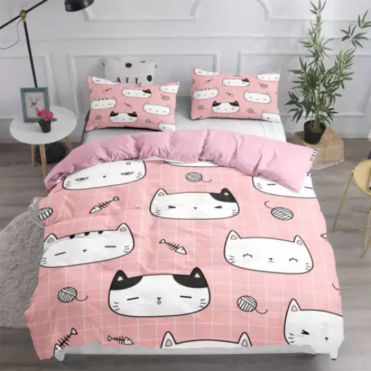 Discover Cartoon Kitten Girl Duvet Cover Doona Cover Double Queen Bedding Set