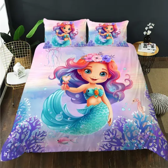Discover Mermaids Duvet Cover Twin Size, Cute Cartoon Litted Mermaid Bedding Set for