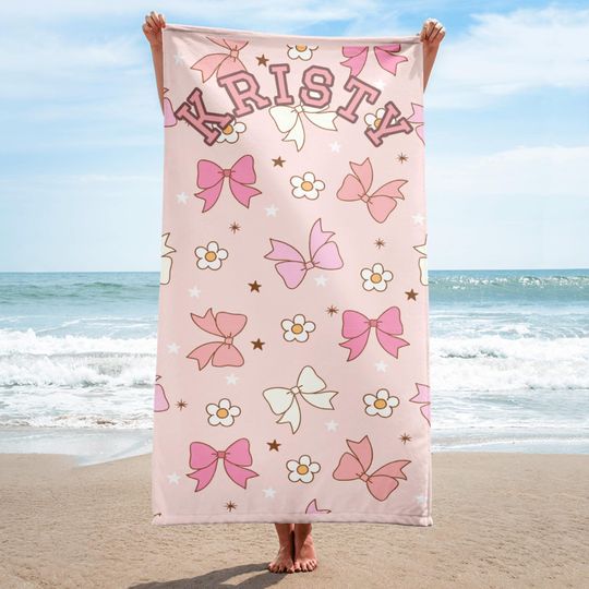 Discover Bow Personalized Beach Towel Custom Name Coquette Aesthetic Cute