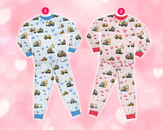 Discover Boys Valentine Excavator Pajamas Set, Construction Trucks Hearts Valentines Day Pajama Set