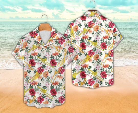 Discover Tropical Trombone Hawaiian Shirt, Trombone Player Button Down Shirt