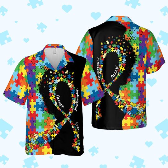 Discover Accept Understand Love Autism Awareness Hawaiian Shirt, Autism Puzzle Ribbon Button Up Shirt