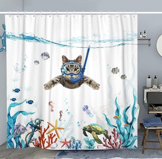 Discover Funny Diving Cat Shower Curtain Sea Ocean Waterproof Fabric Shower Curtains