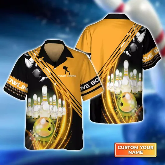 Discover Yellow Bowling Ball In Motion And The Pins hawaiian shirt, Bowling Hawaiian Shirt