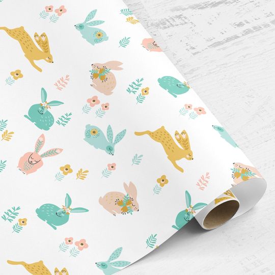 Discover Wrapping Paper Roll Hare, Folk country wrapping paper, Pastel rabbit gift wrap