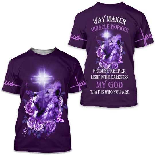 Discover Lion Cross Light, Purple Rose Way Maker Miracle Worker Jesus 3D Shirt