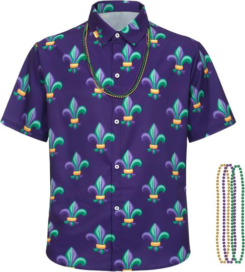 Discover Men Mardi Gras Shirt,Printed Button Down Short Sleeve  Shirt