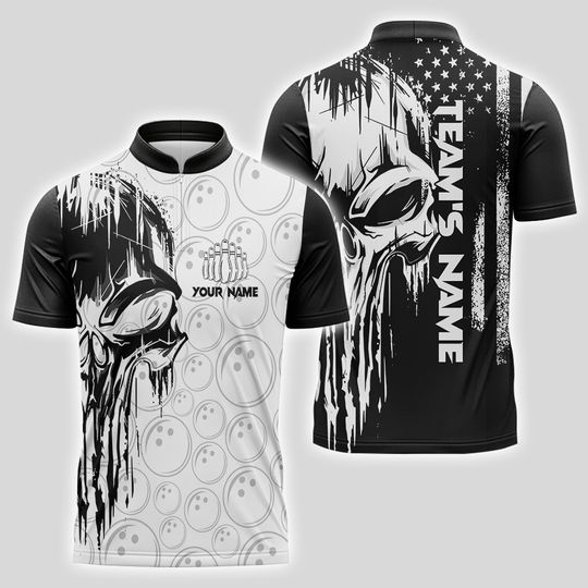 Discover Personalized Skull Bowling Shirt for Men Custom Team's Name American Flag Bowler Jersey