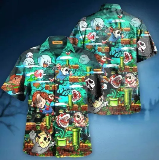 Discover Supper Killer Halloween Hawaiian Shirt, Mario Halloween Summer Beach Ghost Mario
