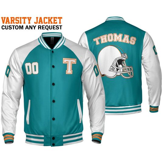 Discover Personalized name and helmet football varsity jacket largoon blue and white Jacket Birthday, Jacket For Team
