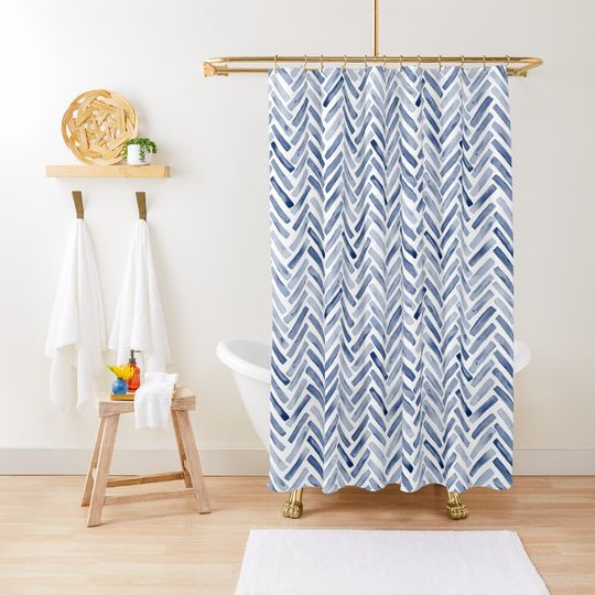 Discover Indigo Blue Watercolor Herringbone Chevron Shower Curtain